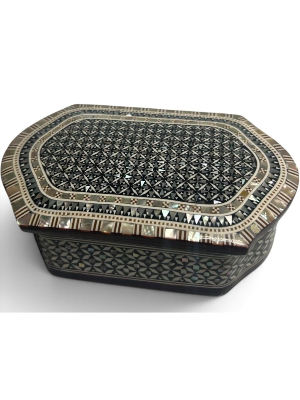 Inlaid Wooden MOP Trinket Jewelry Box Gift Geometric Mosaic Lined Keepsake
